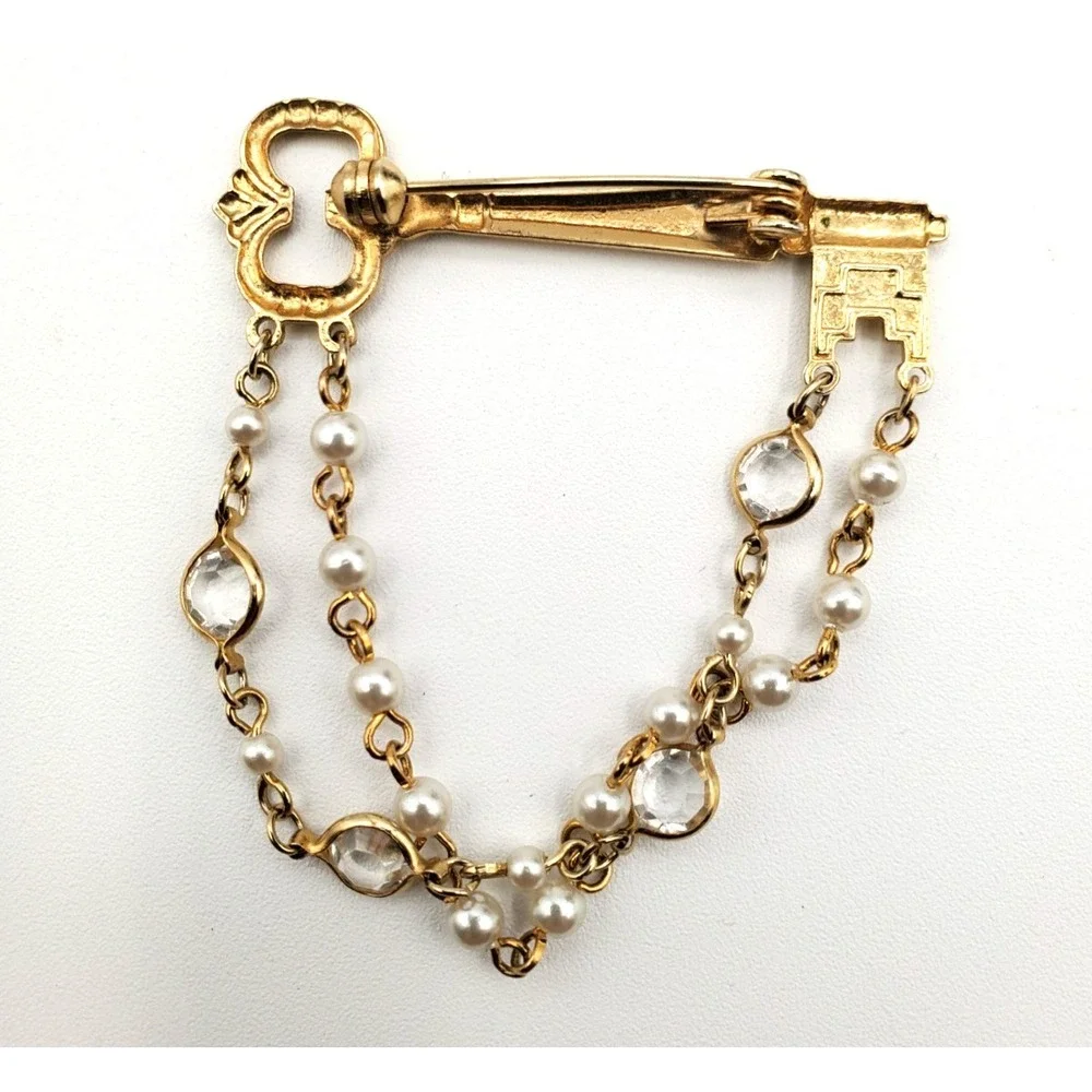 Vintage Key w 2 Rows of Dangling Faux Pearls & Crystals Brooch Pin Gold Tone